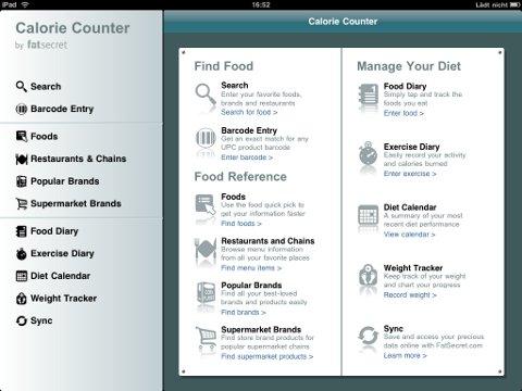 Hauptmenü von FatSecret